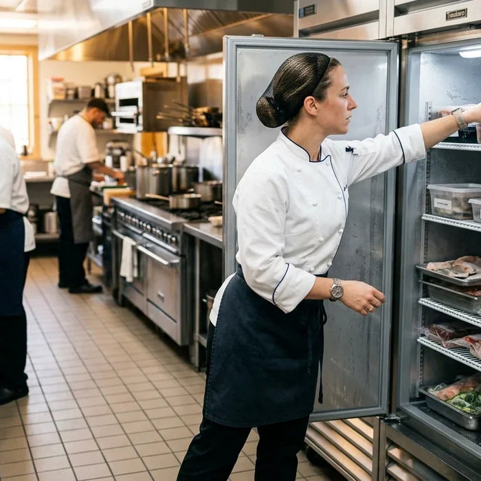 A professional chef in a clean commercial kitchen reaching into a stainless steel standing reach-in freezer