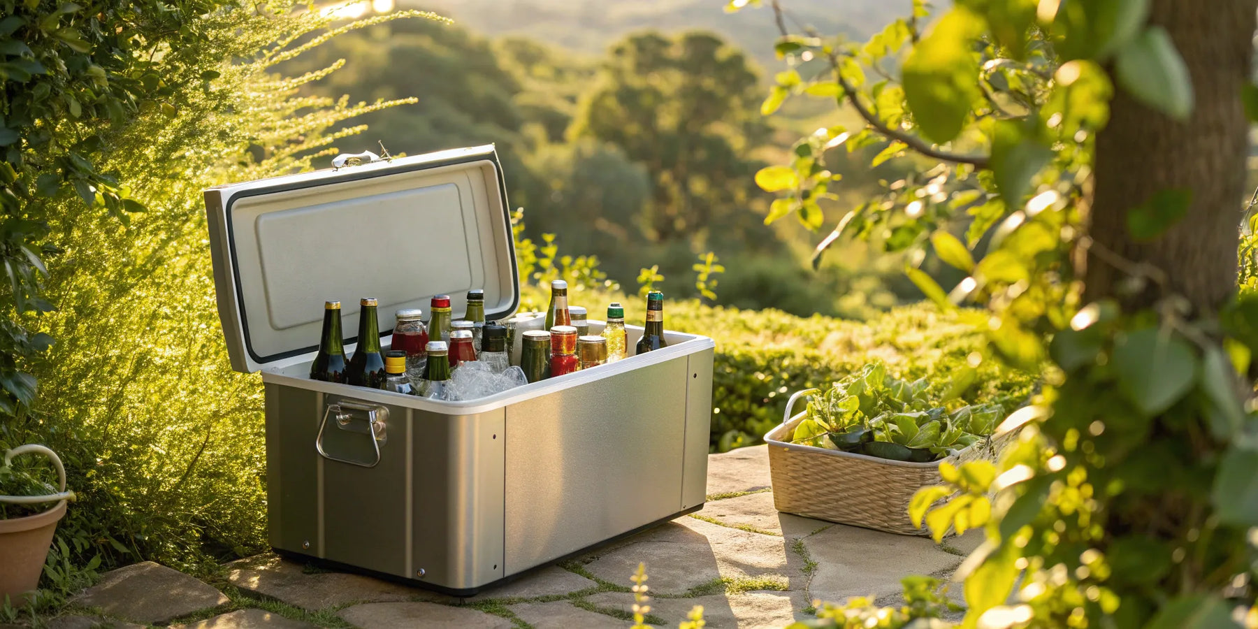 A stainless steel beer cooler box filled with ice and beer bottles.