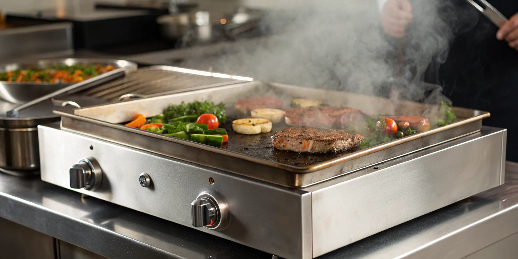 A stainless steel commercial griddle for sale cooking steaks and vegetables in a restaurant kitchen.