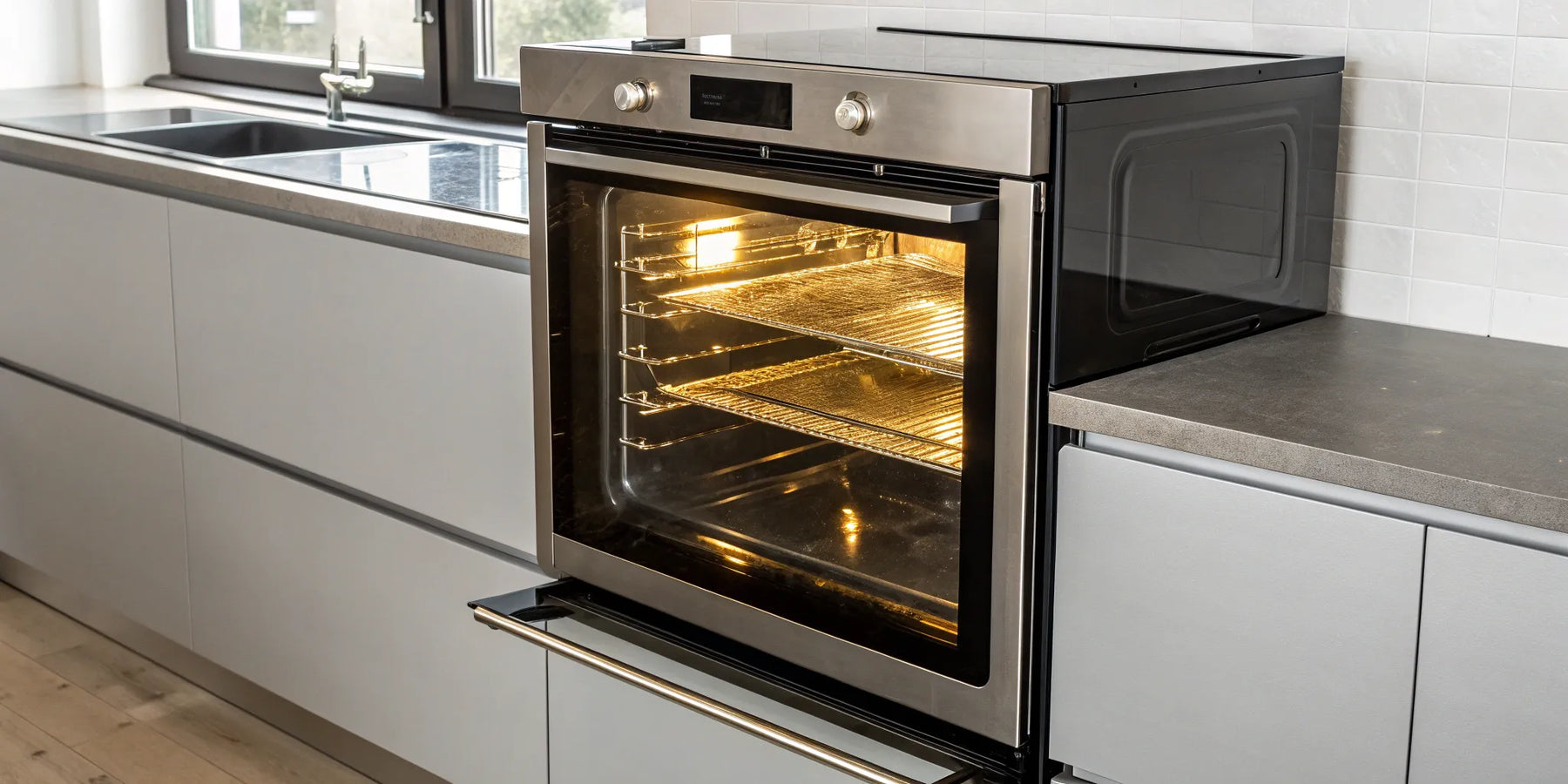 A stainless steel convection oven on sale with its door open in a modern kitchen.