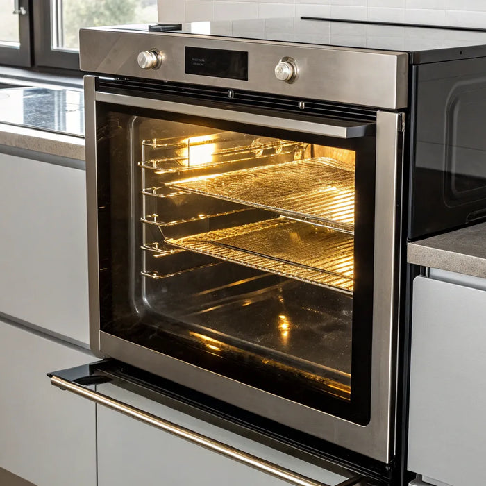 A stainless steel convection oven on sale with its door open in a modern kitchen.
