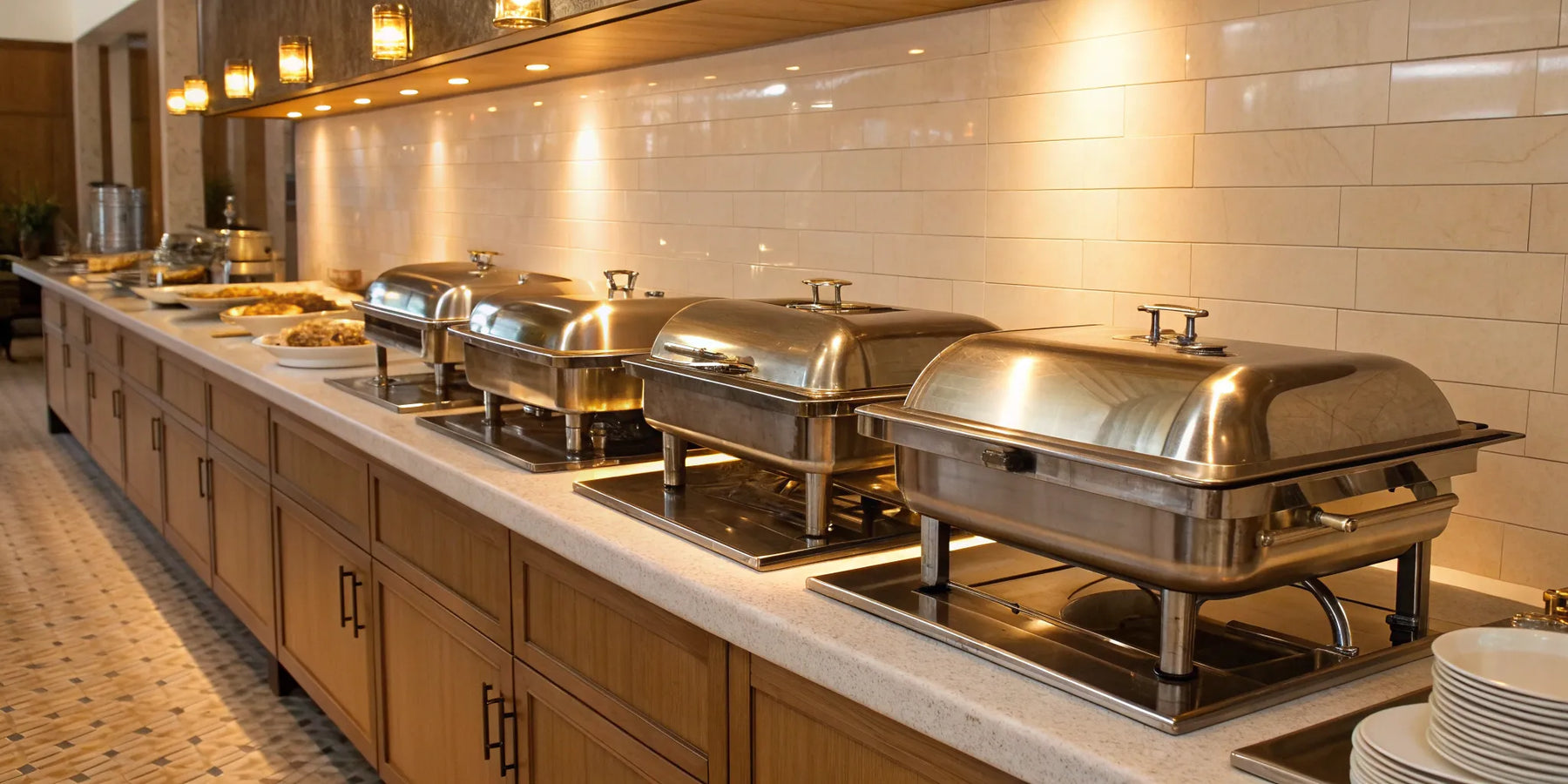 Commercial heaters for food, like chafing dishes, keeping meals warm on a restaurant buffet.