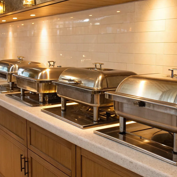 Commercial heaters for food, like chafing dishes, keeping meals warm on a restaurant buffet.