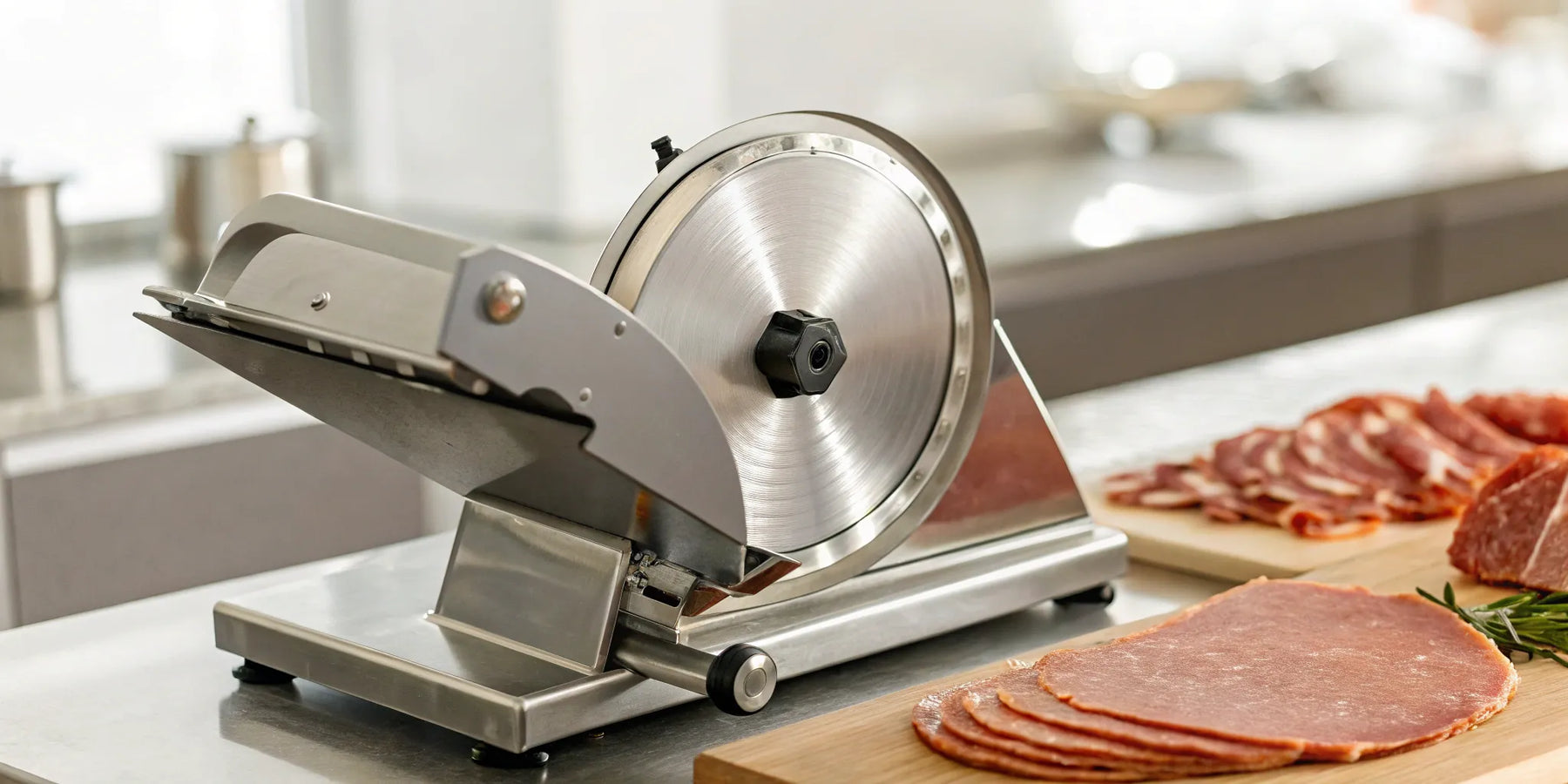 Sliced meat on a home meat slicer.