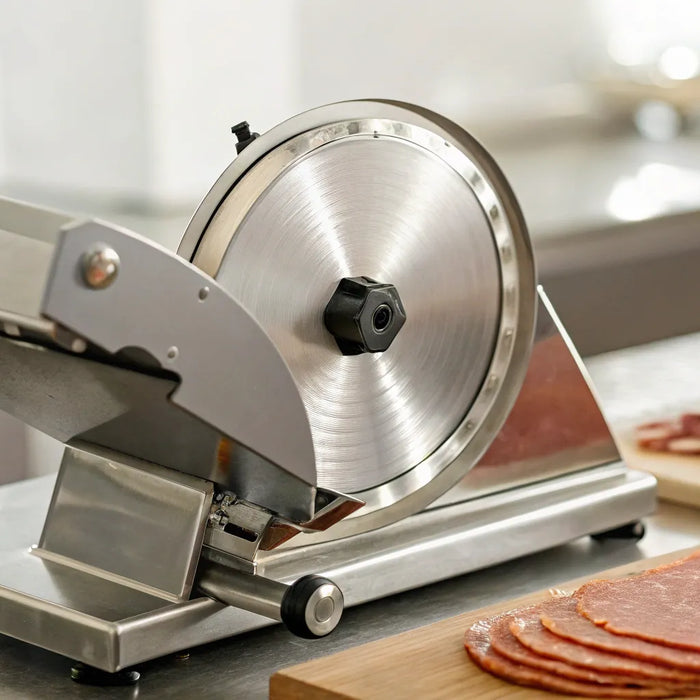 Sliced meat on a home meat slicer.