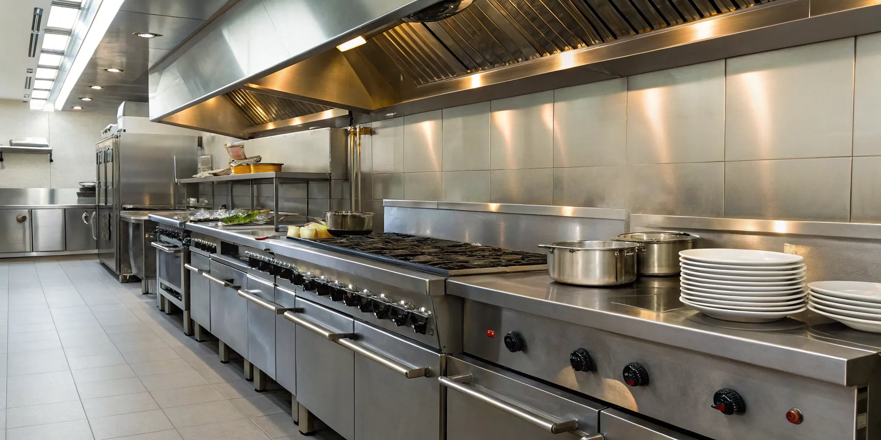 Aisle of commercial kitchen equipment at a restaurant supply store in Los Angeles.