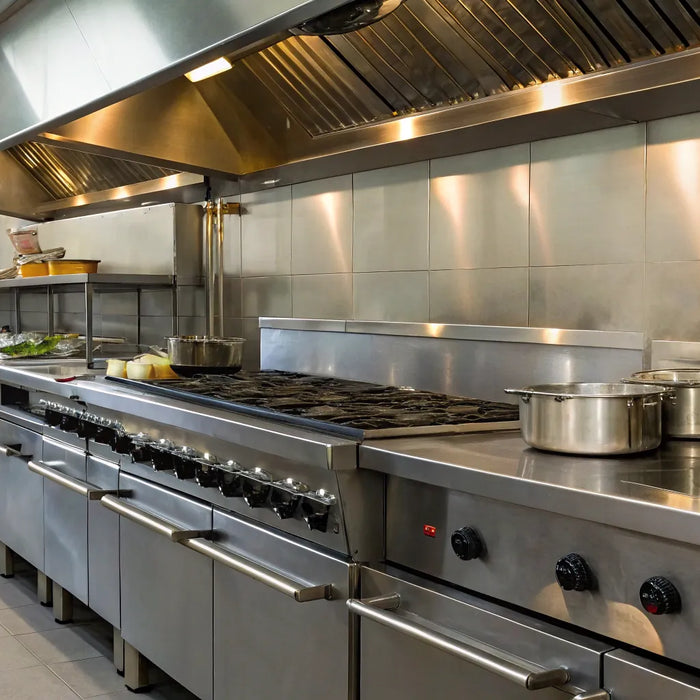 Aisle of commercial kitchen equipment at a restaurant supply store in Los Angeles.