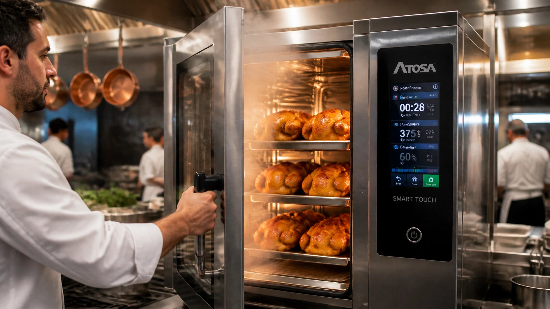 Commercial combi oven on a restaurant cookline showing convection and steam mode buyer's guide