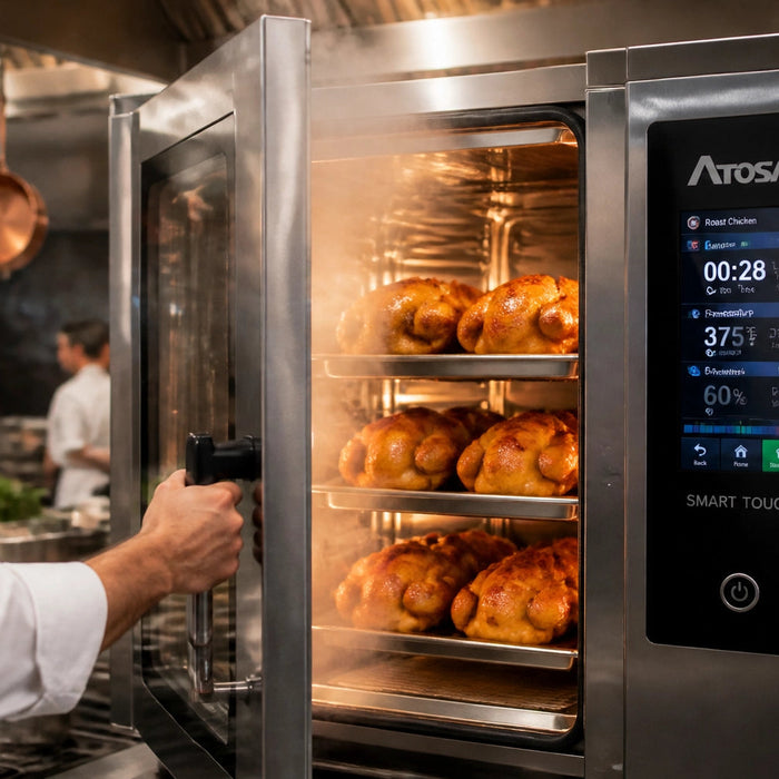 Commercial combi oven on a restaurant cookline showing convection and steam mode buyer's guide