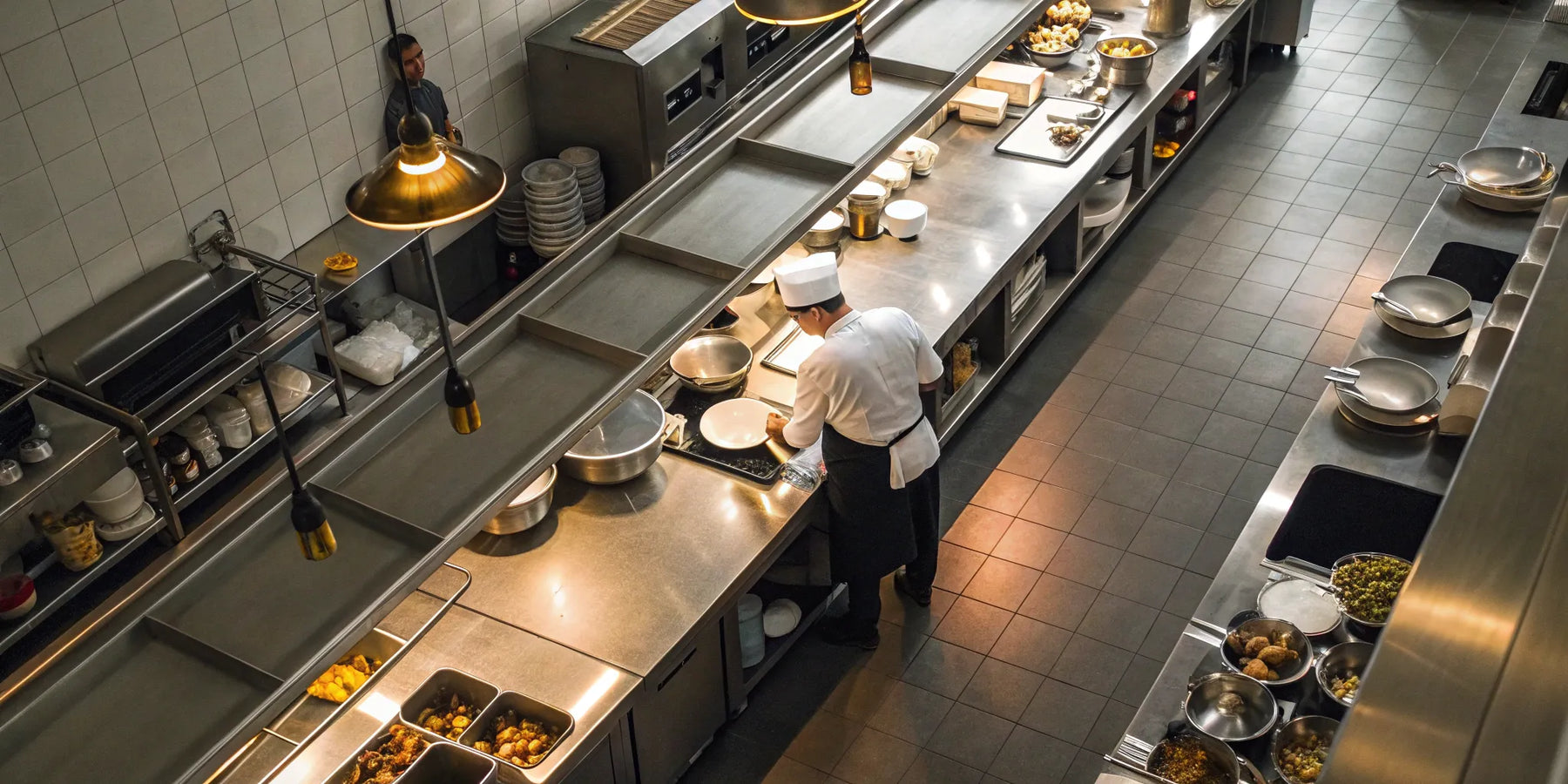 Efficient restaurant kitchen layout with chef in food prep zone.