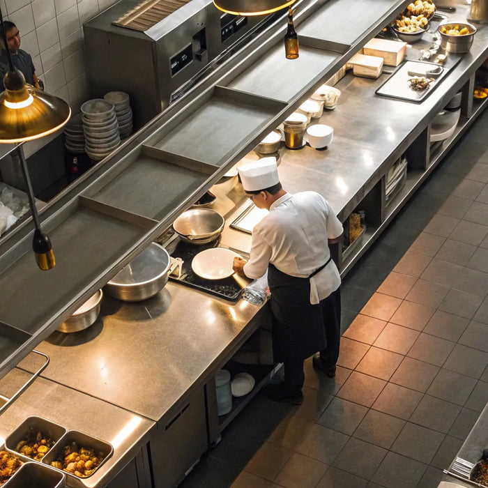 Efficient restaurant kitchen layout with chef in food prep zone.