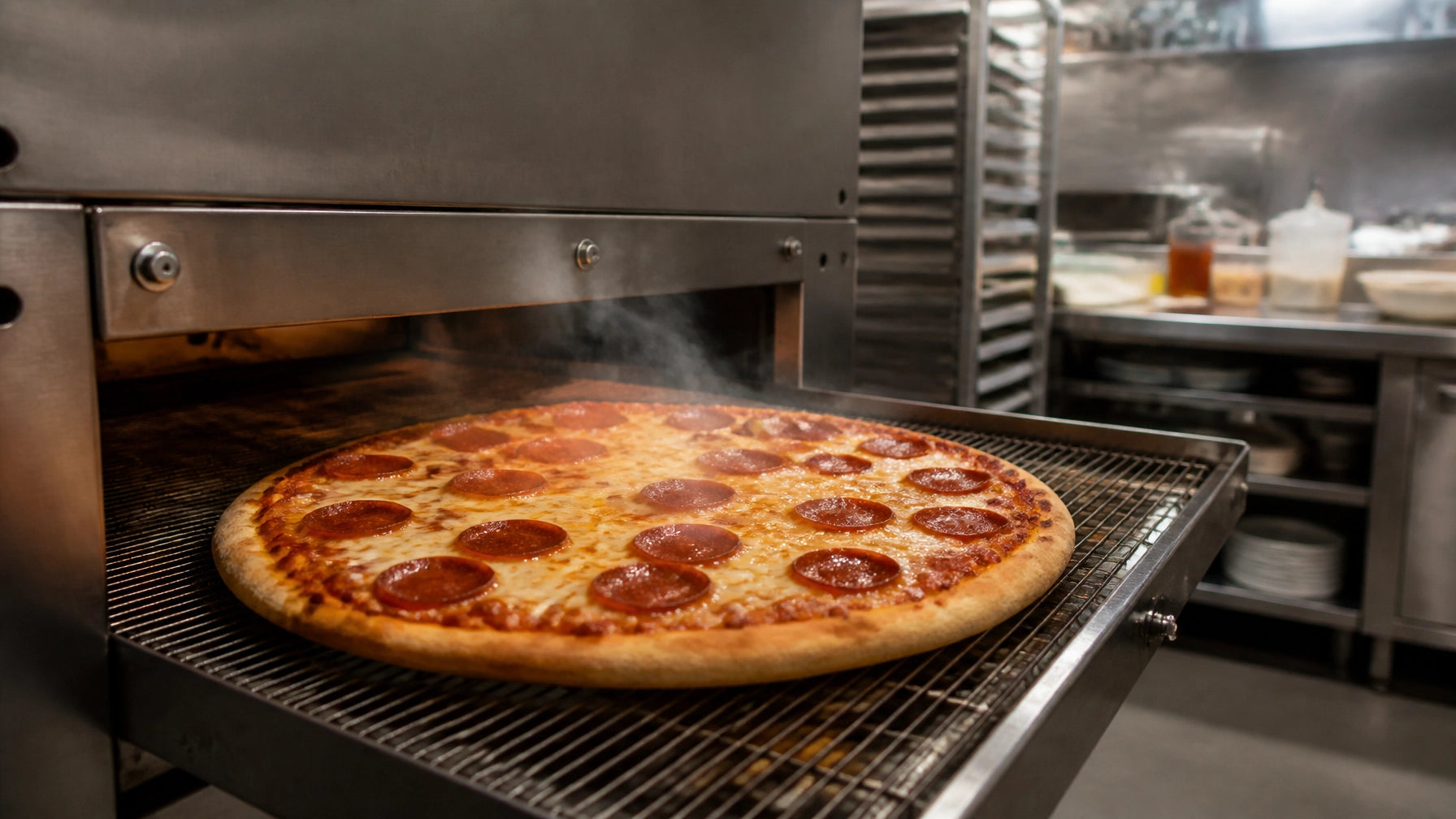 Commercial conveyor pizza oven with multiple pizzas moving through air impingement chamber on stainless steel wire belt in a production pizzeria