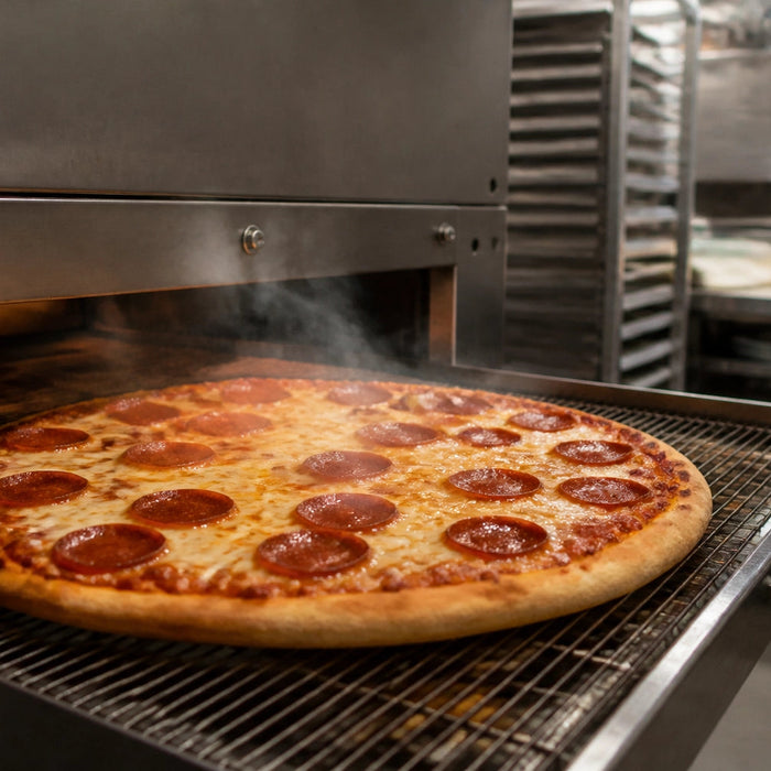 Commercial conveyor pizza oven with multiple pizzas moving through air impingement chamber on stainless steel wire belt in a production pizzeria