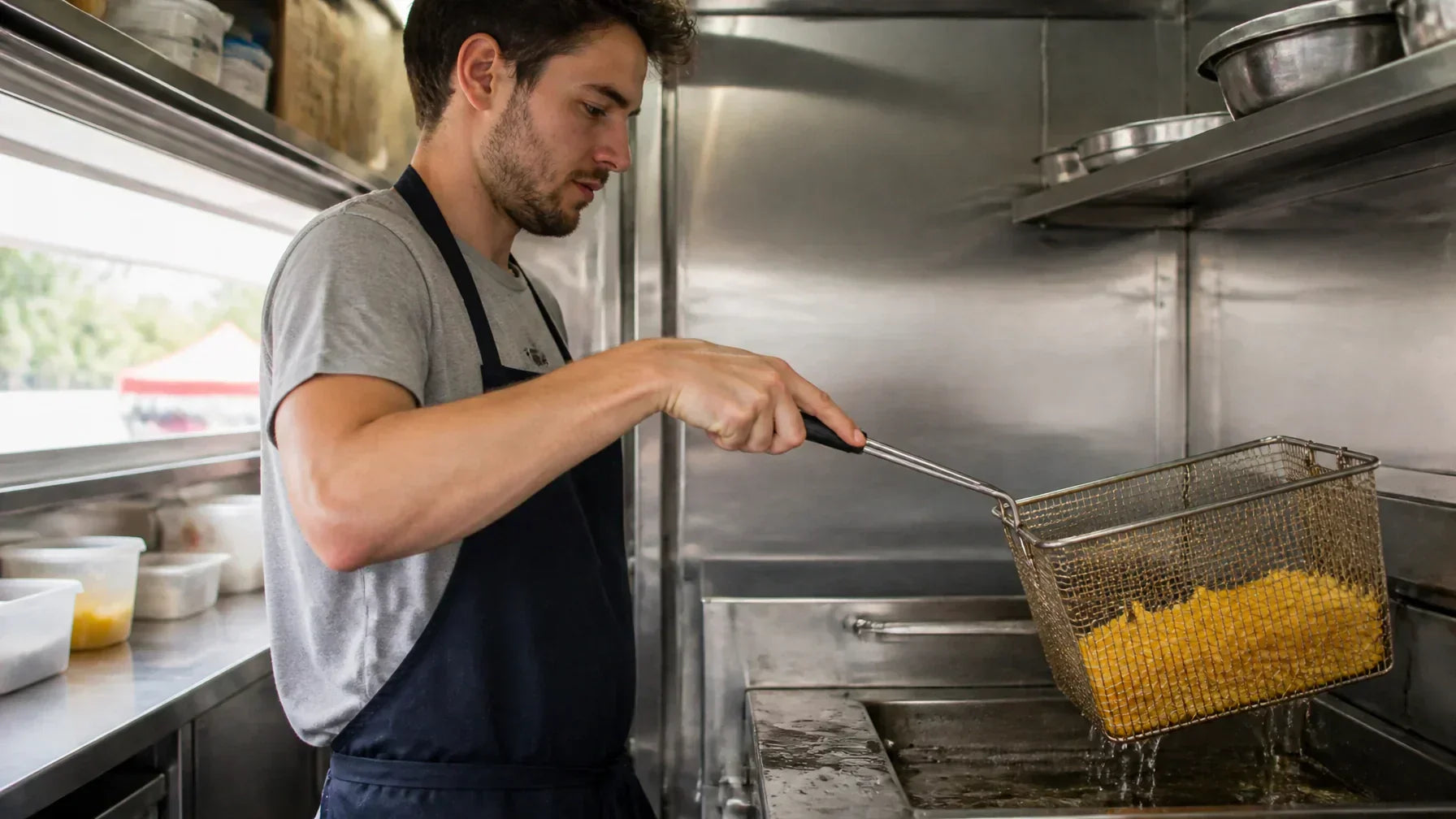 A person in a casual t-shirt and apron working a commercial deep fryer inside a compact food truck kitchen.