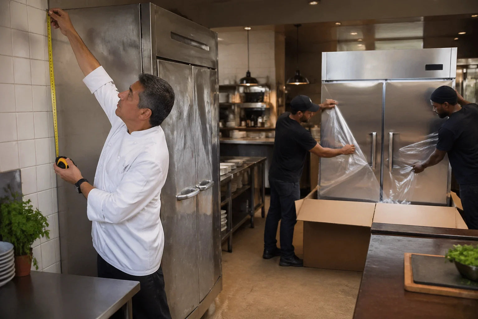 A restaurant owner carefully measuring a kitchen doorway to ensure a new Atosa commercial freezer will fit perfectly during delivery