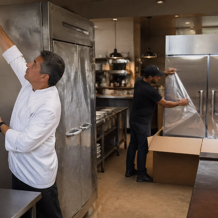 A restaurant owner carefully measuring a kitchen doorway to ensure a new Atosa commercial freezer will fit perfectly during delivery