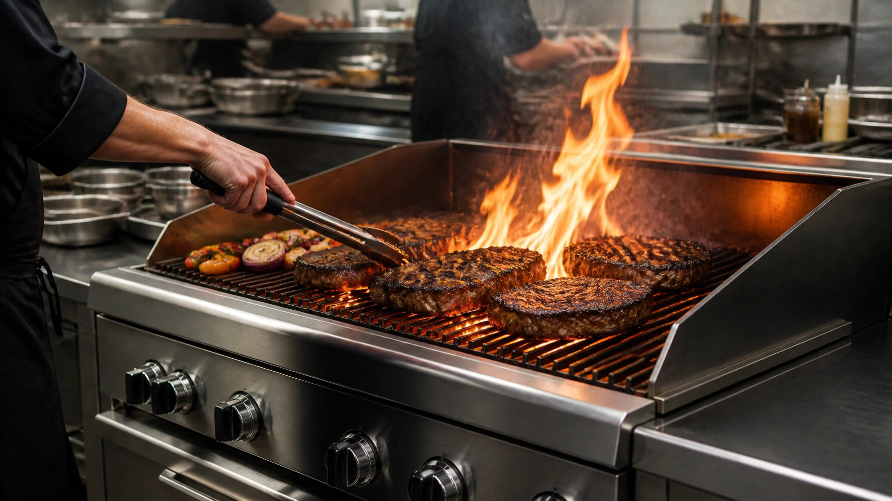 Radiant charbroiler grilling steaks with visible sear marks on cast iron grates