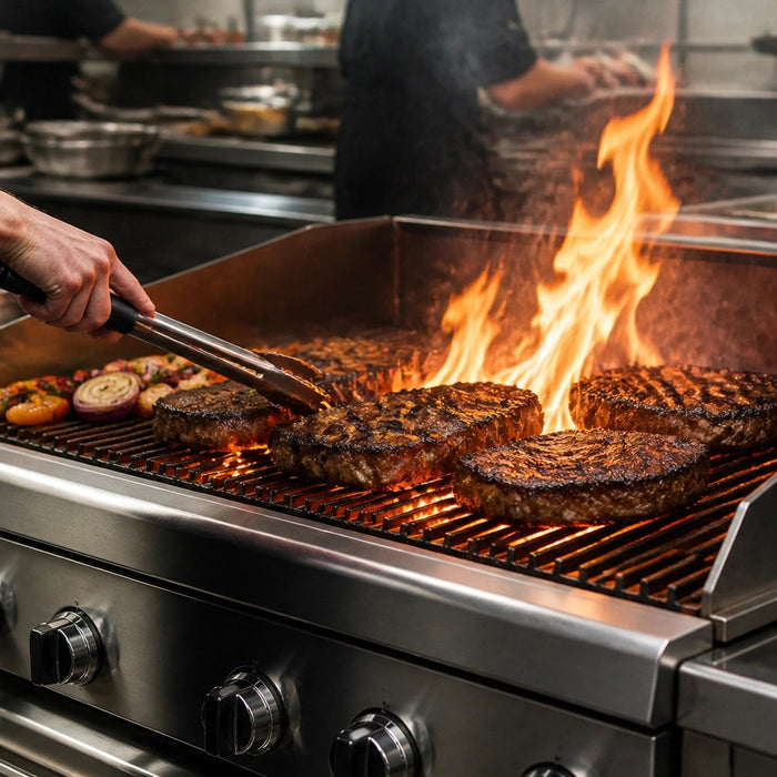 Radiant charbroiler grilling steaks with visible sear marks on cast iron grates