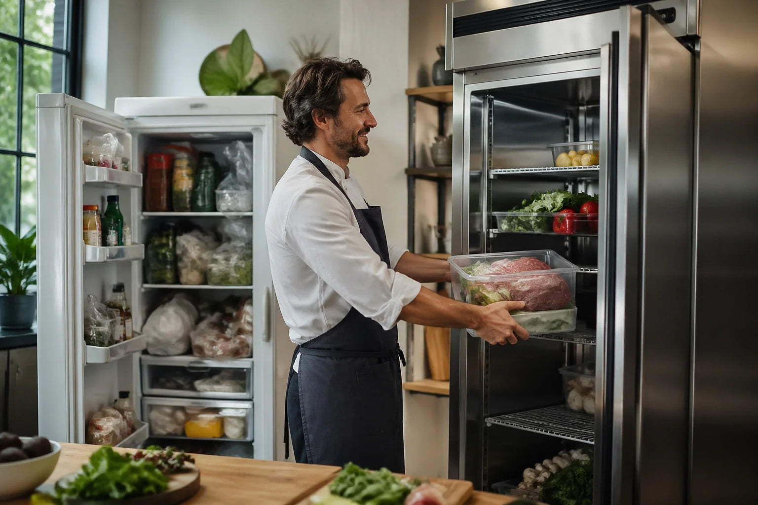 Professional chef moving food from a residential fridge to a reliable Atosa commercial unit in a home kitchen environment