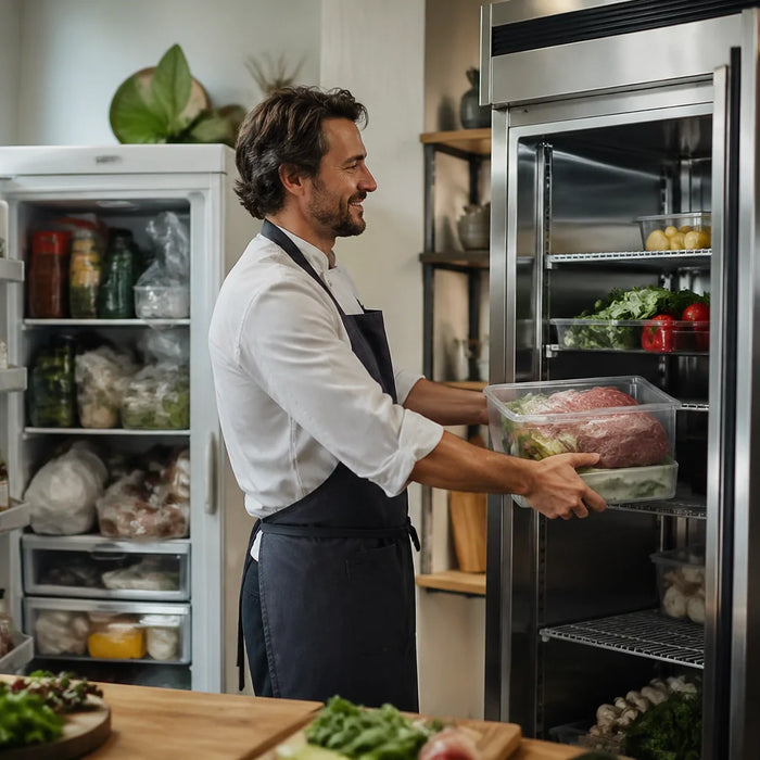 Professional chef moving food from a residential fridge to a reliable Atosa commercial unit in a home kitchen environment
