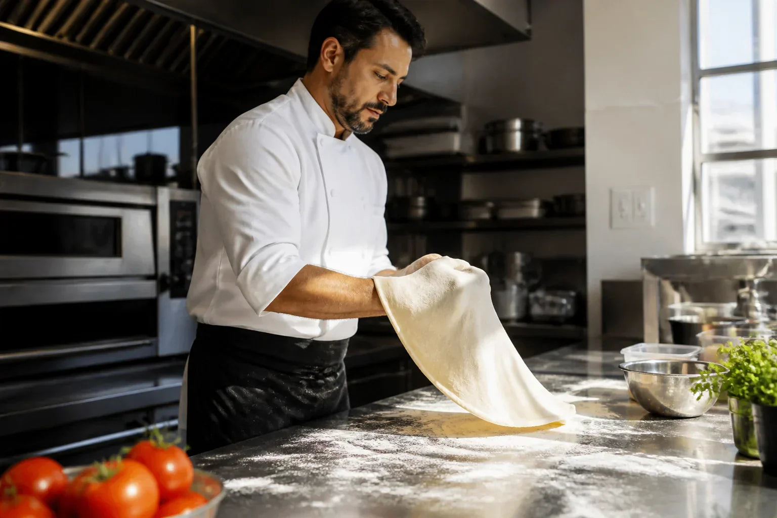 A professional chef in a clean, modern commercial kitchen environment, expertly stretching pizza dough on a large stainless steel prep station.