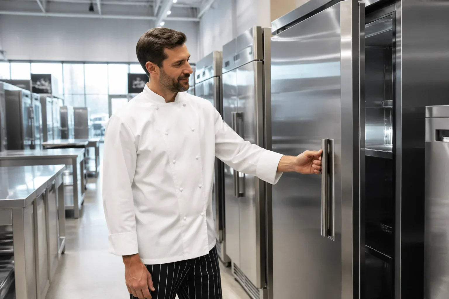 A professional chef in uniform thoughtfully browsing a high-end selection of stainless steel commercial refrigerators at a the restaurant warehouse