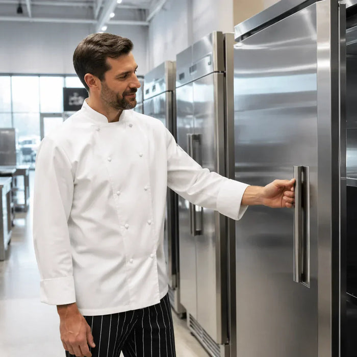 A professional chef in uniform thoughtfully browsing a high-end selection of stainless steel commercial refrigerators at a the restaurant warehouse