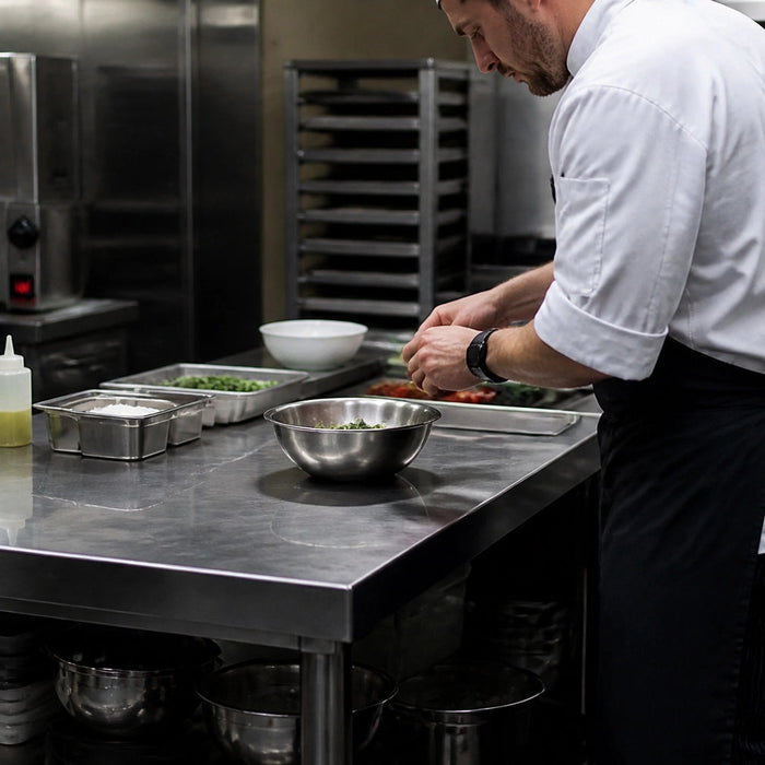 Heavy-duty stainless steel work tables for commercial kitchens - 304 grade, NSF certified, gauges 14-18