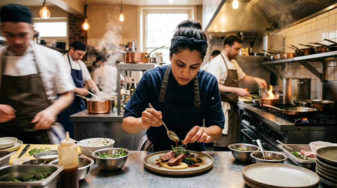 A professional chef works quickly at a stainless steel prep station inside a busy commercial kitchen with warm lighting and visible motion in the background