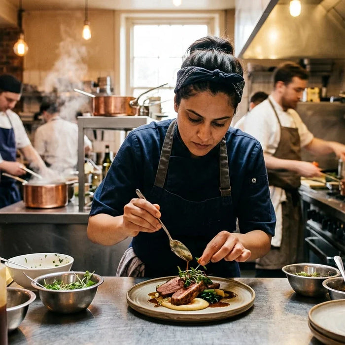 A professional chef works quickly at a stainless steel prep station inside a busy commercial kitchen with warm lighting and visible motion in the background