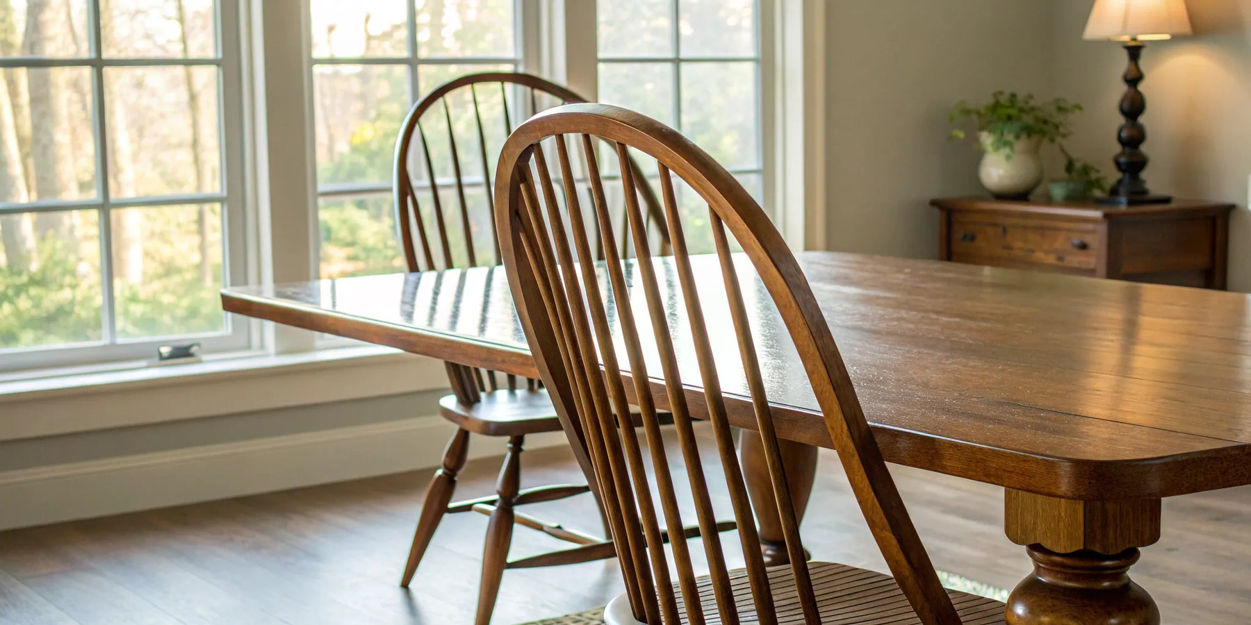 A set of wooden spindle back chairs arranged around a dining table.
