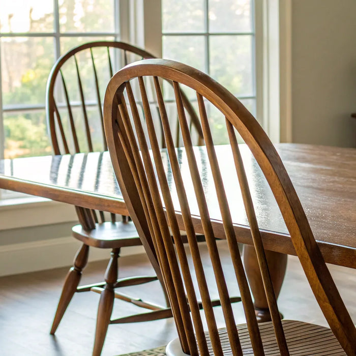 A set of wooden spindle back chairs arranged around a dining table.