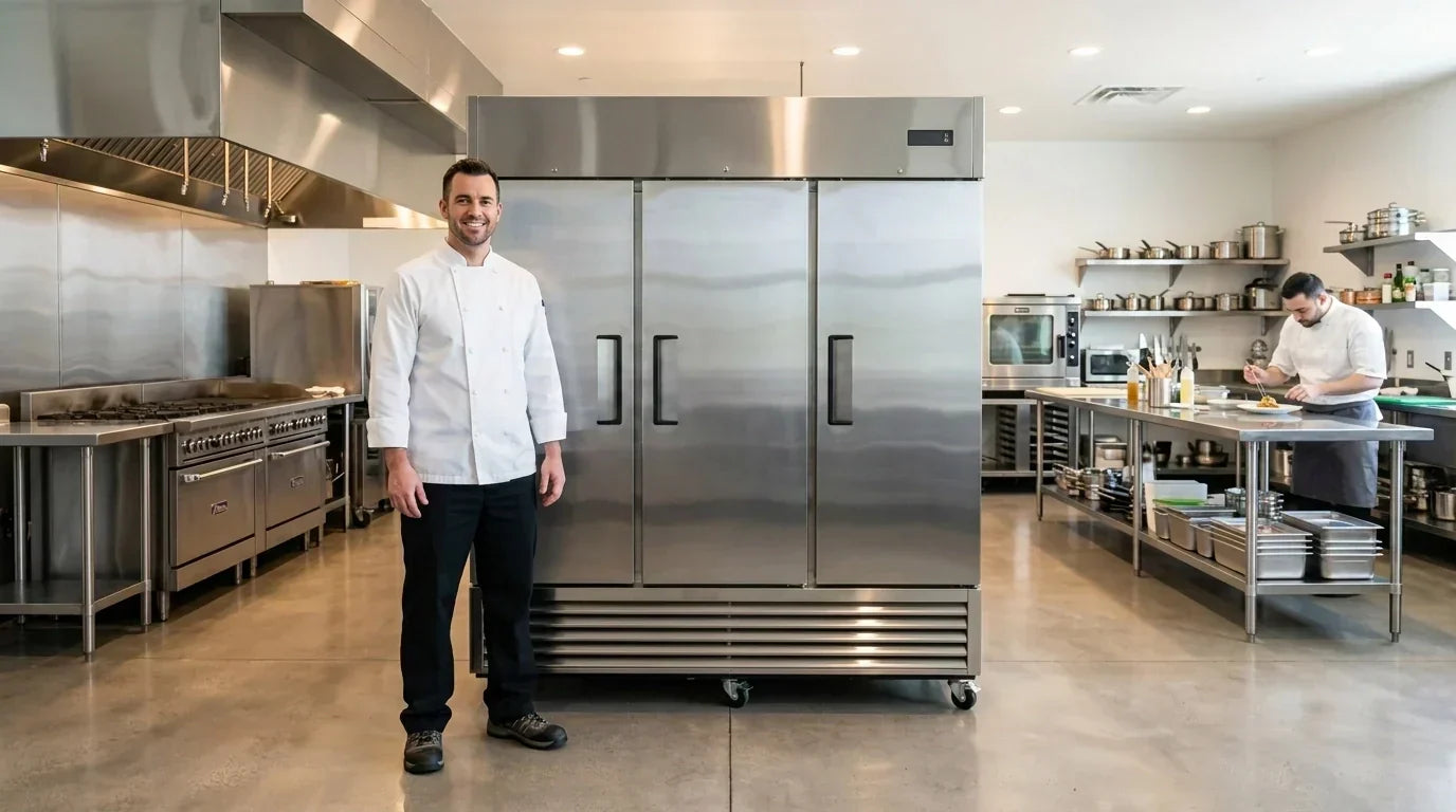 Professional chef standing next to a gleaming Atosa 3-door refrigerator in a high-end commercial kitchen
