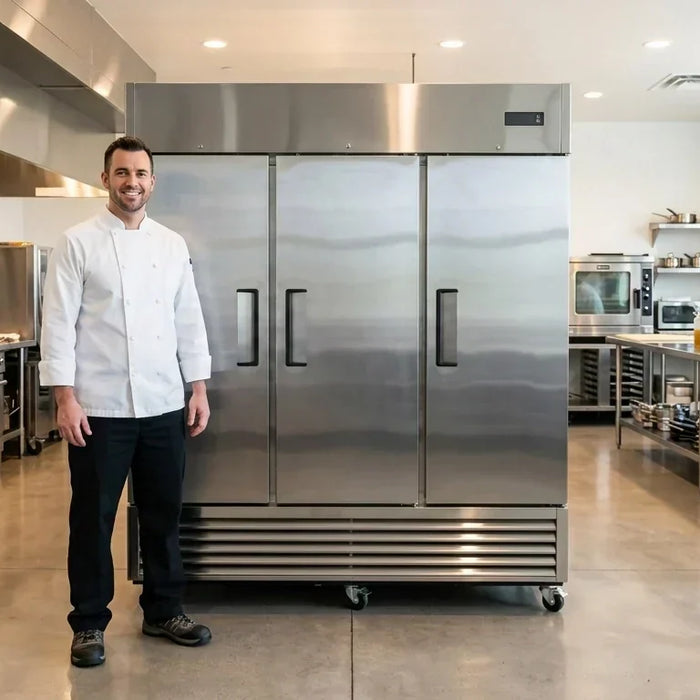 Professional chef standing next to a gleaming Atosa 3-door refrigerator in a high-end commercial kitchen
