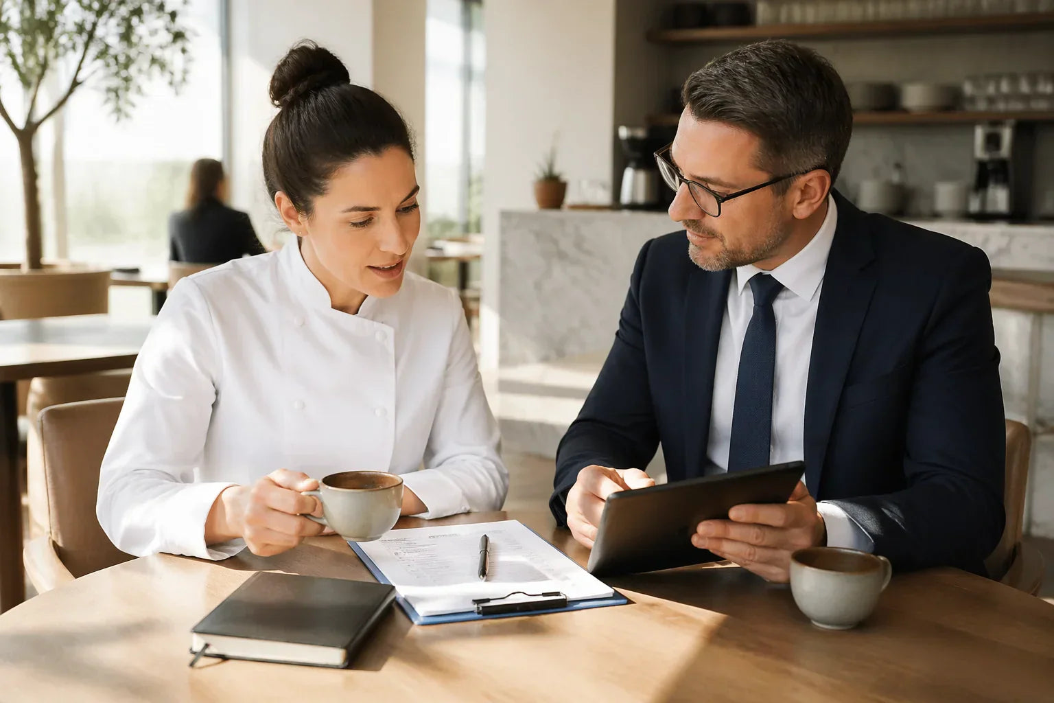 They are both reviewing a detailed checklist and a sleek tablet while holding artisanal cups of coffee. The atmosphere is sophisticated, professional, and bright, emphasizing a collaborative strategic planning session.
