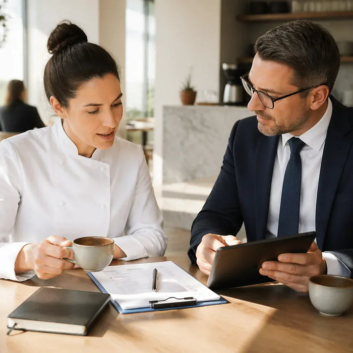 They are both reviewing a detailed checklist and a sleek tablet while holding artisanal cups of coffee. The atmosphere is sophisticated, professional, and bright, emphasizing a collaborative strategic planning session.