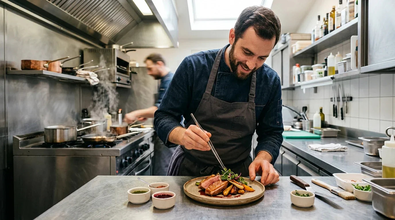 A professional chef working in a compact, high-efficiency commercial kitchen