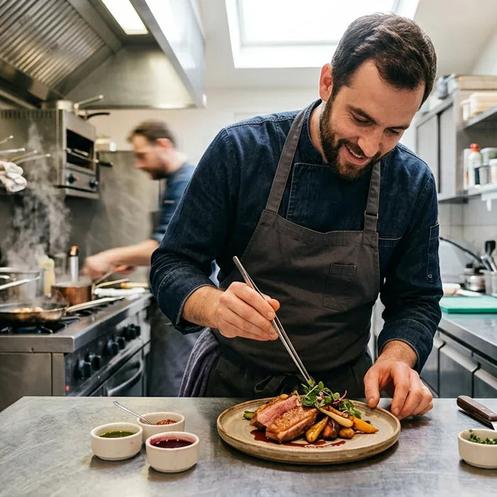 A professional chef working in a compact, high-efficiency commercial kitchen