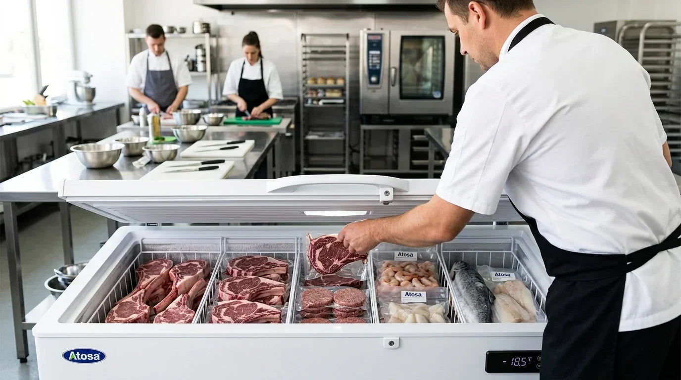 Chef leaning over an Atosa 10 cu ft chest freezer to organize vacuum-sealed bulk meats in a professional kitchen