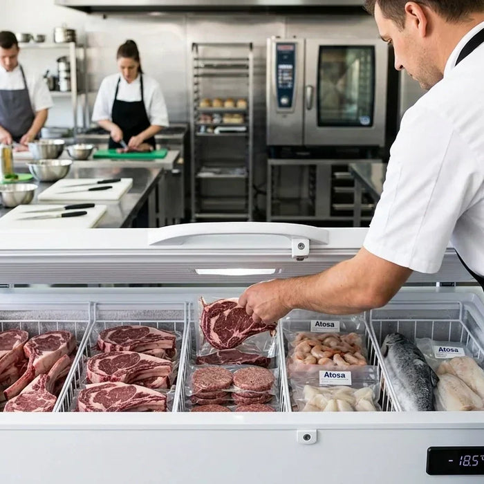 Chef leaning over an Atosa 10 cu ft chest freezer to organize vacuum-sealed bulk meats in a professional kitchen