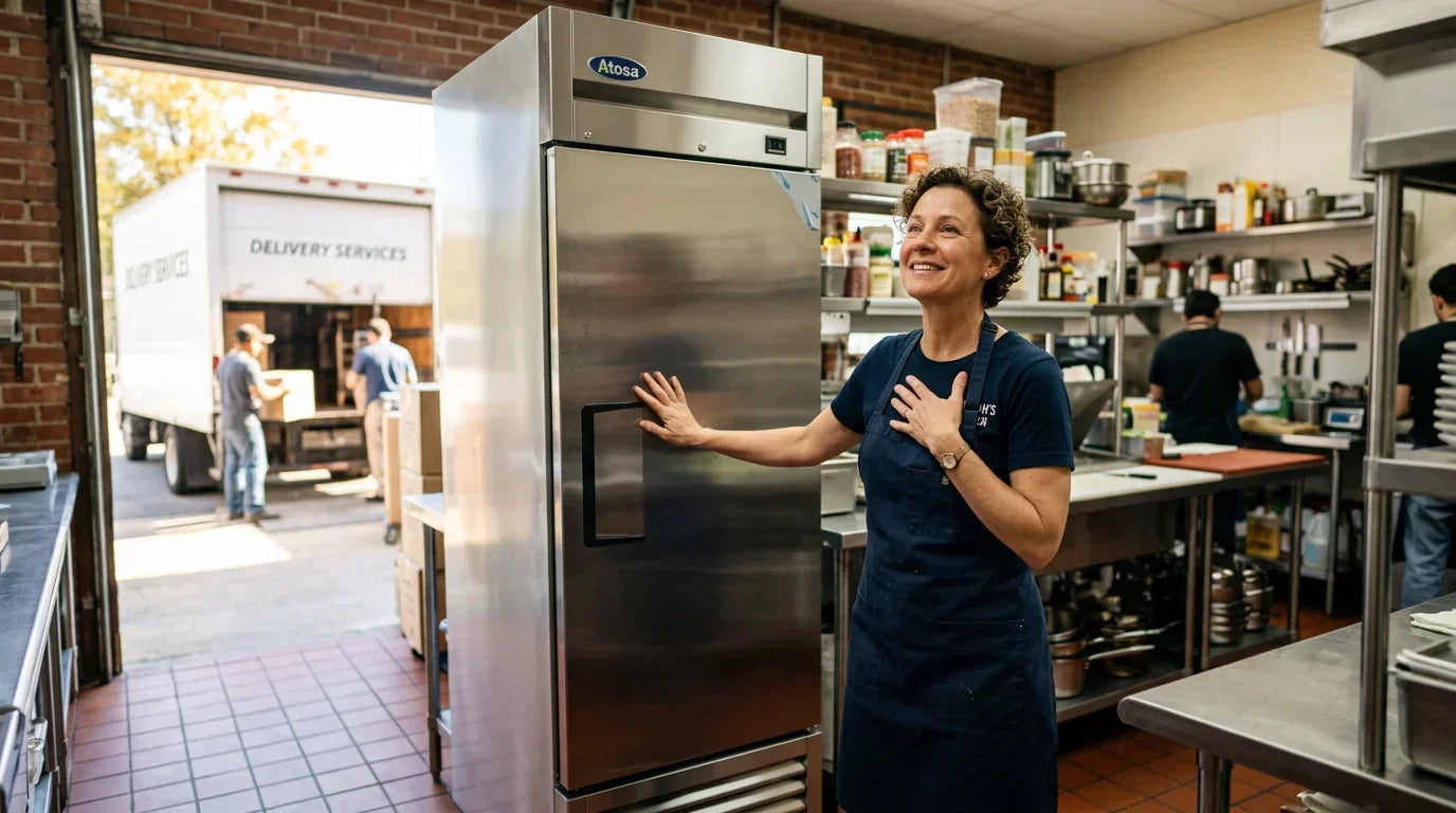 Small restaurant owner standing beside a brand-new reach-in refrigerator with visible relief while a delivery truck sits in the background