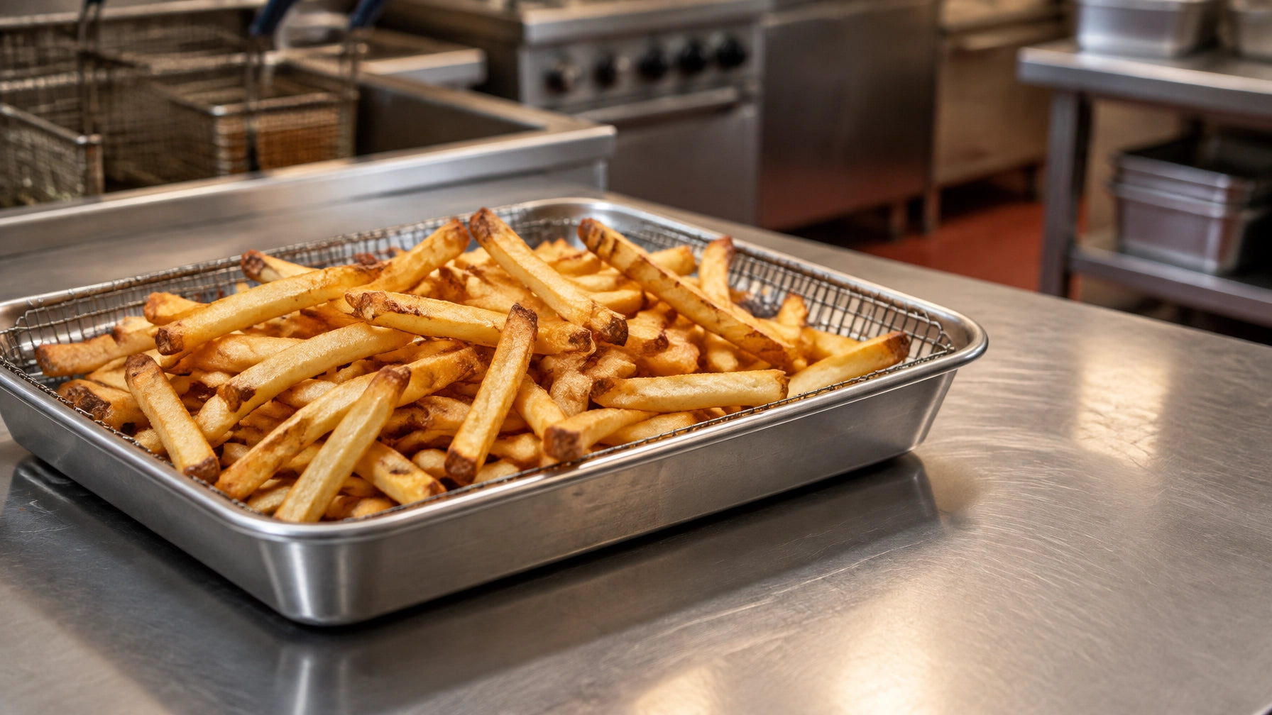 Fresh-cut fries draining in a wire basket over a pan on a stainless steel counter beside commercial fryers