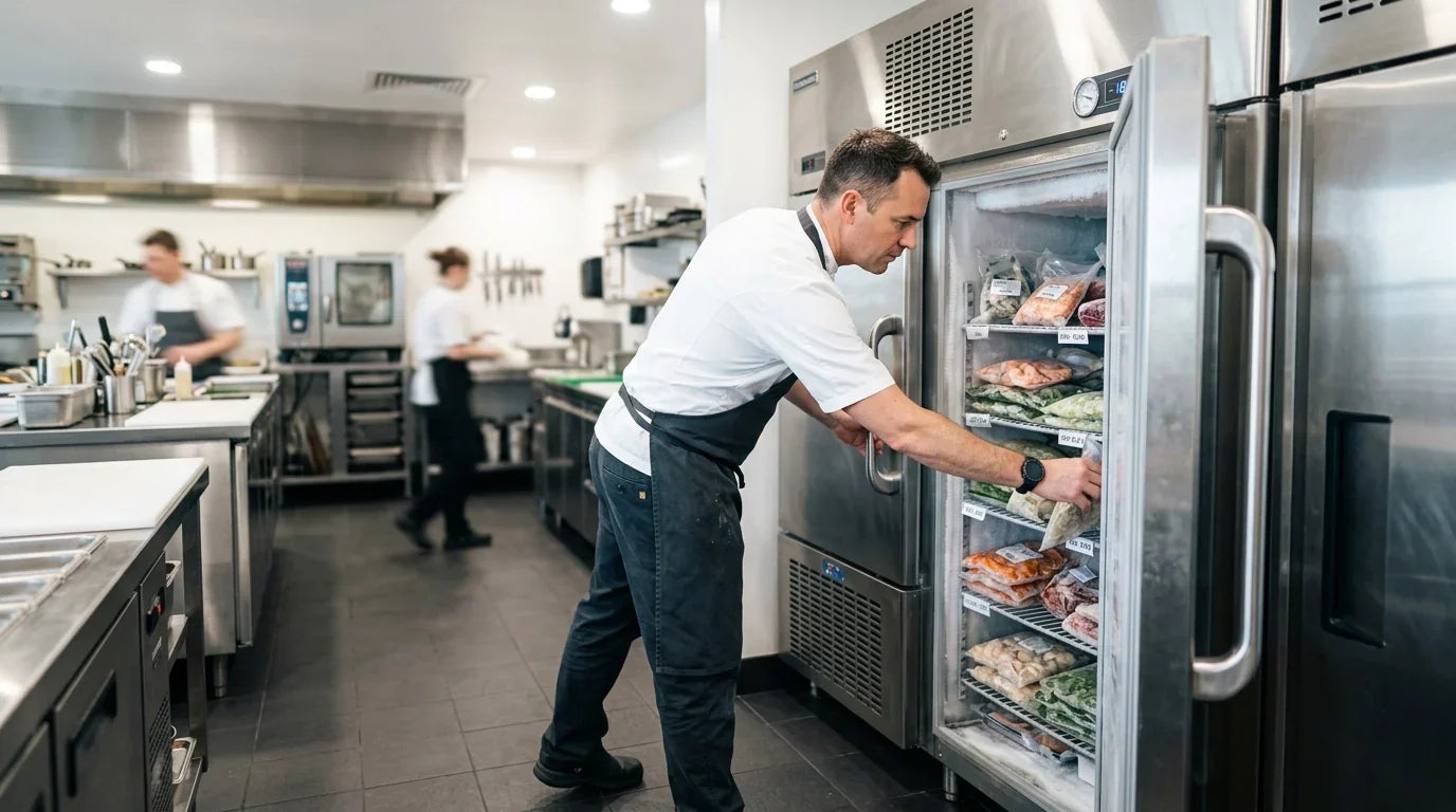 Professional chef reaching into a commercial freezer