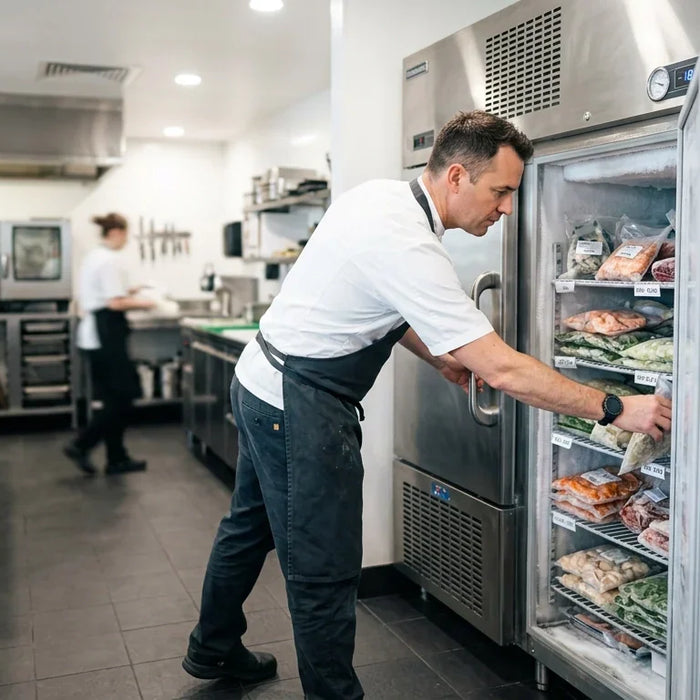 Professional chef reaching into a commercial freezer