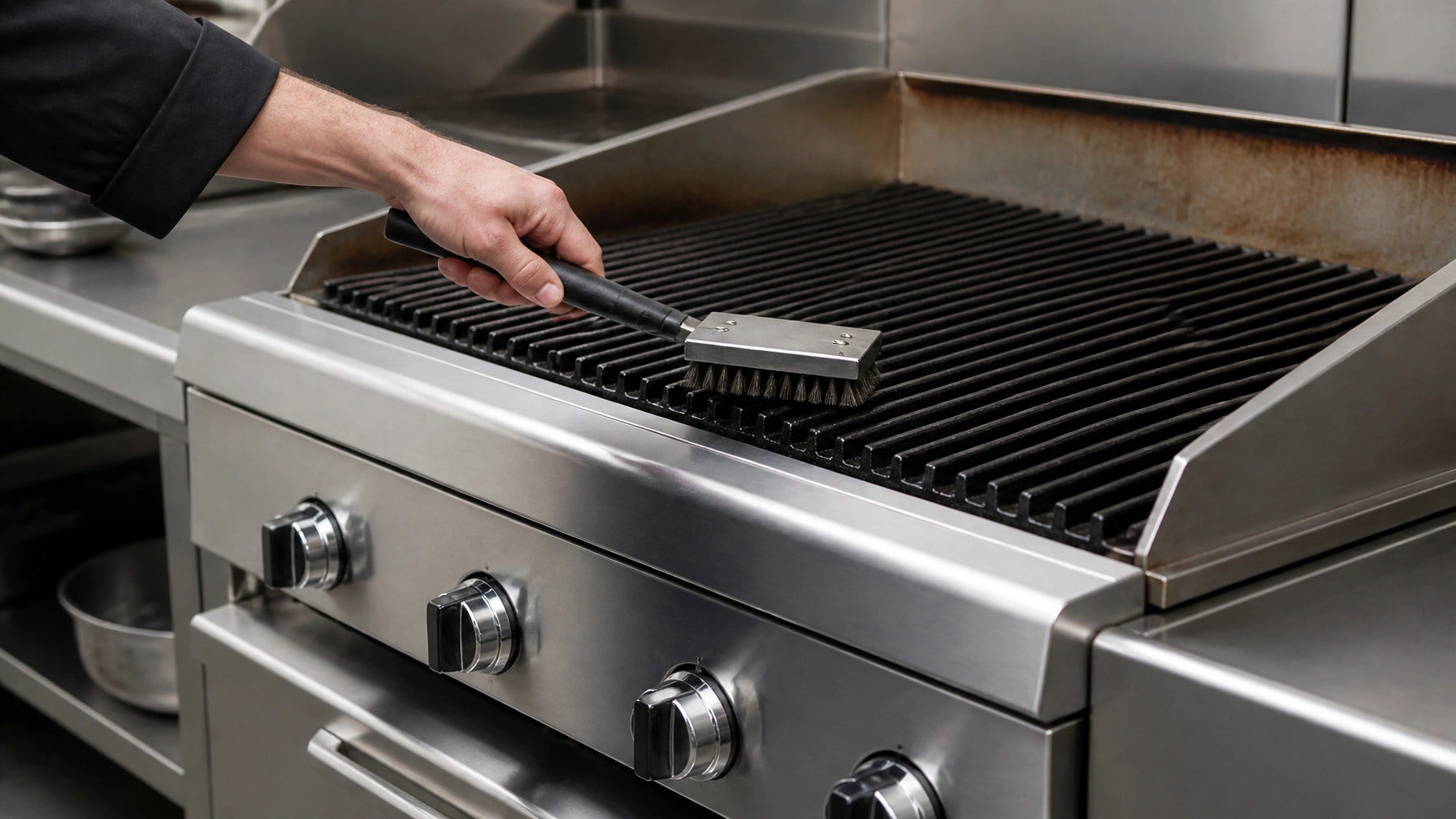 Cleaning a commercial charbroiler with wire brush and cast iron grates