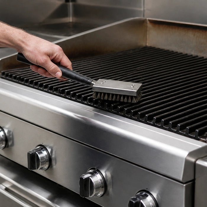 Cleaning a commercial charbroiler with wire brush and cast iron grates