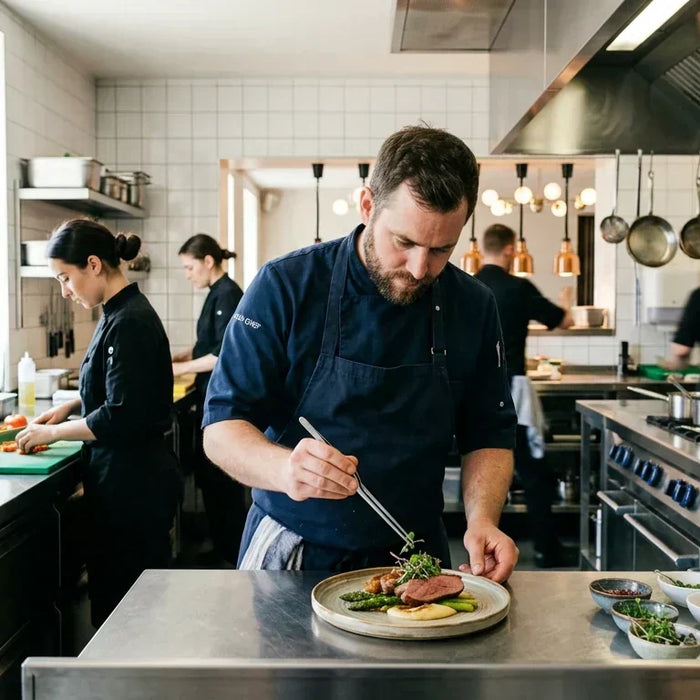 Professional chef and kitchen staff working in a clean, modern commercial kitchen