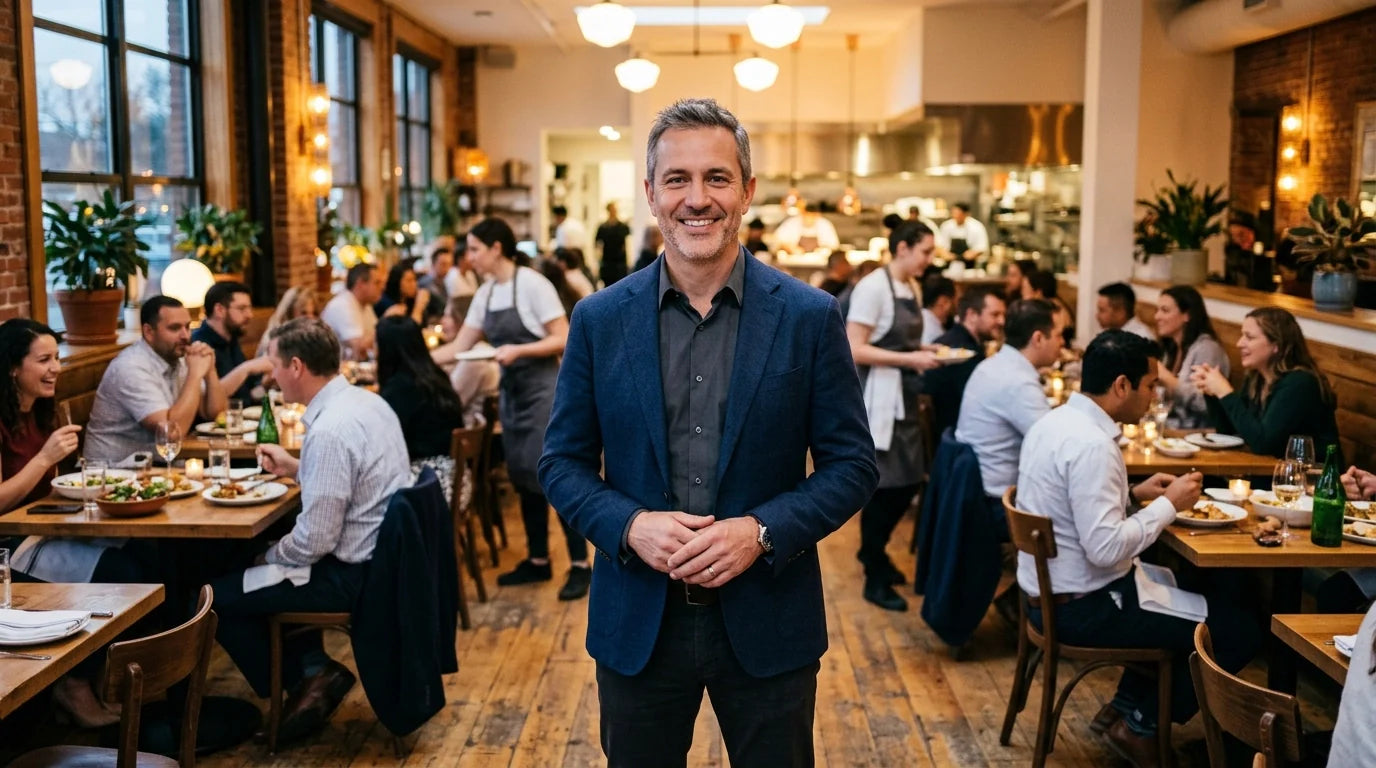 Successful restaurant owner standing proudly in front of a busy dining room