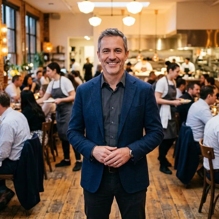 Successful restaurant owner standing proudly in front of a busy dining room