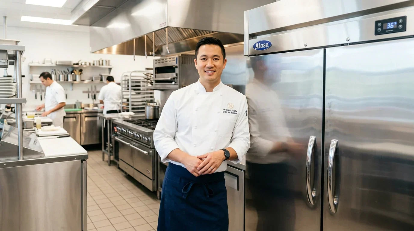 a chef leans against a commercial upright refrigerator in a commercial kitchen.